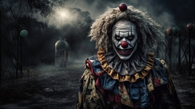 Horror clown and creapy funfair or circus. Generative AI
