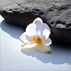 Florales Gleichgewicht: Eine Orchidee findet ihren Platz an einem Stein und bringt Ruhe ins Bild | AI-Art