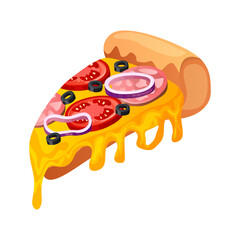 Fast food flying pizza slice with pepperoni, tomato. Street takeaway cafe, cooking, junk food. King size, classic american traditional cartoon snacks meals. Vector for banner, poster, menu, flyer