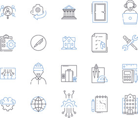 Engineering essentials outline icons collection. Engineering, Essentials, Design, Manufacturing, Engineering-Sciences, Structural, Automation vector and illustration concept set. Components, Systems
