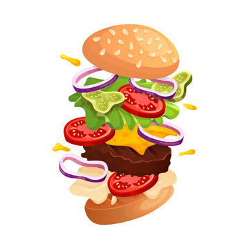 Fast food flying burger with cheese, meat and vegetables. Street takeaway cafe, cooking, junk food. King size, classic american traditional cartoon snacks meals. Vector for banner, poster, menu, flyer