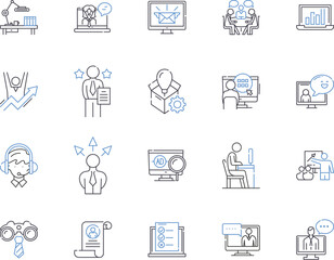 Working team outline icons collection. Collaborative, Unit, Cooperative, Productive, Efficient, Effective, Unified vector and illustration concept set. Group, Members, Professional linear signs