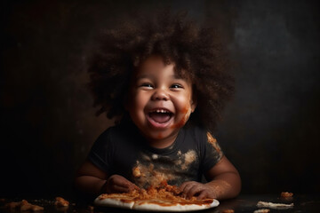 Naklejka premium Small happy african american baby with abundant curly hair playing and making a mess with his pizza