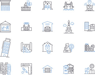 Fototapeta premium Accomodation services outline icons collection. Lodging, Housing, Residency, Accommodations, Suite, Rentals, Suites vector and illustration concept set. Stay, Inn, Hostels linear signs