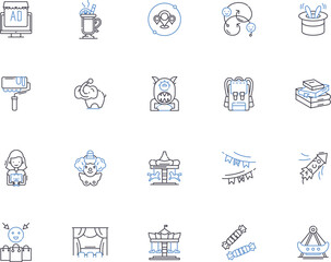 Entertainment outline icons collection. Movies, Music, Theater, Games, Sports, Gambling, Books vector and illustration concept set. TV, Comedy, Festivals linear signs
