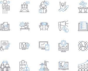 Enterprise work outline icons collection. Enterprise, Work, Management, Business, Projects, Employees, Services vector and illustration concept set. Solutions, Processes, Planning linear signs