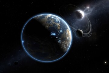 Obraz na płótnie Canvas a planet's orbit at dawn and under a starry sky. Generative AI