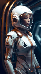 Ai 3d render illustration with a female futuristic astronaut wearing space suite. white porcelain cyborg outfit, cosmonaut outspace explorer woman with scifi armour and helmet