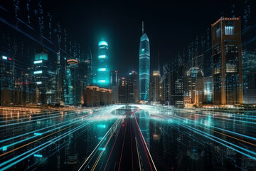 Fototapeta na wymiar Digital and technological city with high speed lights. Generative Ai