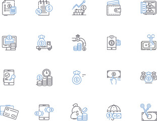 Money outline icons collection. Cash, wealth, funds, coin, currency, income, riches vector and illustration concept set. fortune, capital, pay linear signs
