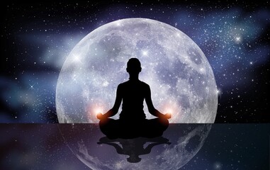 Fototapeta na wymiar Young Woman meditating with moon or planet background