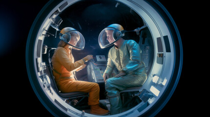 Two scientists seated in a space capsule, donning helmets, visors, and space suits. Conversing inside the spacecraft. Depicting the concept of space science research and aerospace engineering in orbit