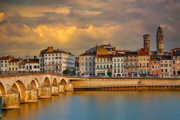 Macon, France, The historic Saint-Laurent Bridge over the Soane river.  It was among the few bridges of the region that were not destroyed during the Second World War.