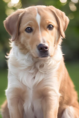 A close up of a dog with a field. Generative AI