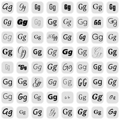 Letter G in different fonts on white background. Type design collection on grey buttons. Vector illustration.