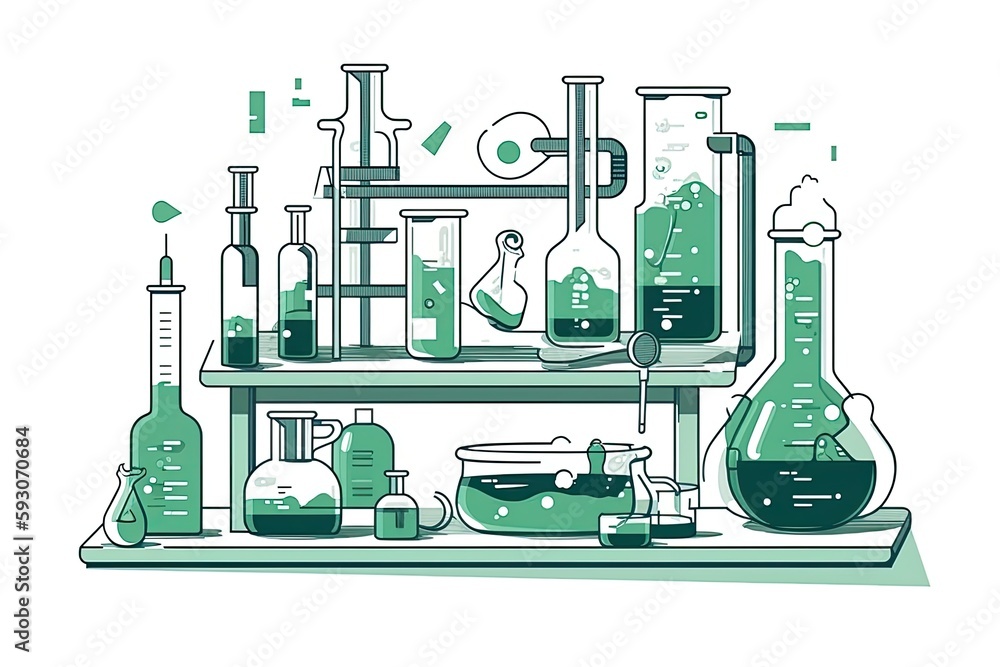 Poster laboratory shelf filled with various green flasks and beakers. generative ai