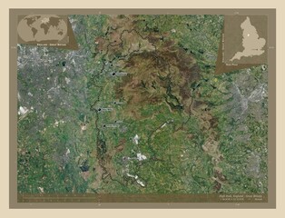 High Peak, England - Great Britain. High-res satellite. Labelled points of cities