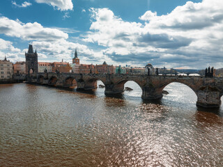 Scenic spring panoramic aerial view of the Old Town pier architecture and Charles Bridge over Vltava river in Prague, Czech Republic