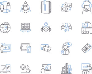 Corporation workflow outline icons collection. Corporate, Workflow, Process, Management, Automation, Systems, Analysis vector and illustration concept set. Data,Productivity,Business linear signs
