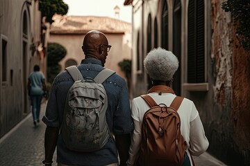 Senior couple with gray hair traveling. They are having vacation in Italy. Created with generative AI
