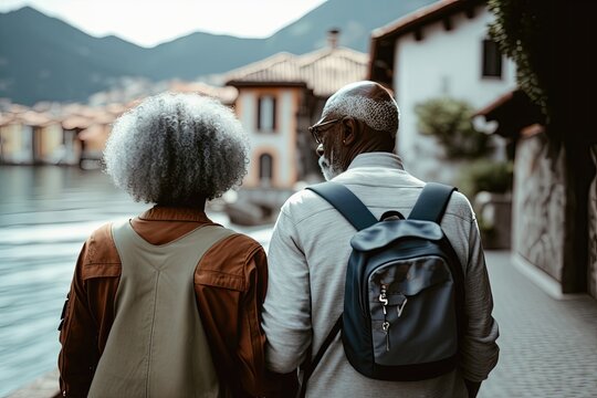 Senior couple with gray hair traveling. They are having vacation in Italy. Created with generative AI