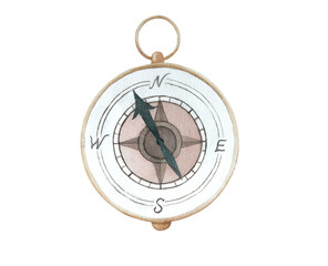 Watercolor illustration of a old compass isolated on a white background. Antique cartoon compass