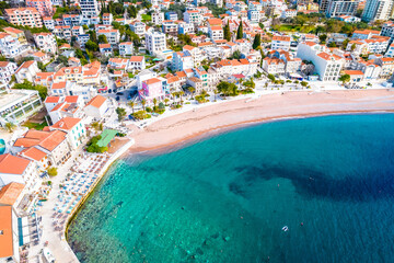 Fototapeta premium Town of Petrovac beach and coastline aerial view