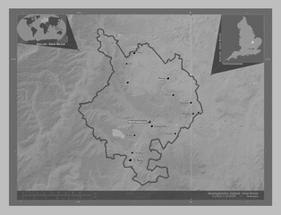 Huntingdonshire, England - Great Britain. Grayscale. Labelled points of cities
