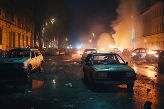 Street riots and showdowns at night, concept of Social unrest and civic unrest, created with Generative AI technology