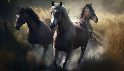 Three horses run beautifully. Close-up. Banner. Generative AI