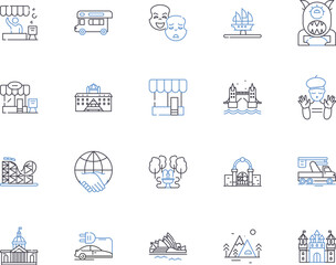 City and shops outline icons collection. City, Shops, Shopping, Marketplace, Outlets, Malls, Storefronts vector and illustration concept set. Boutiques, Retail, Metropolis linear signs
