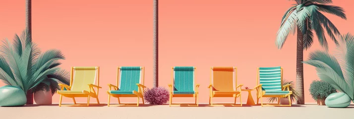 Foto op Canvas Multicolored beach chairs and palms. Summer vacation concept background. Created with generative Ai technology. © Scovad