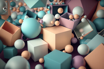 Obraz na płótnie Canvas Background of cubes of rectangles and balls of different sizes in pastel colors created with Generative AI technology.