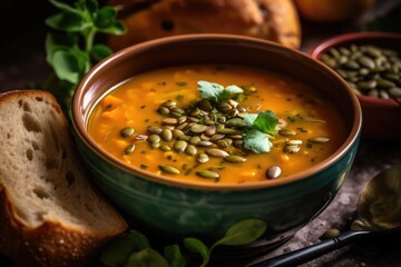 Vegan soup made with pumpkin and carrots in the fall, cream, seeds, and microgreens of cilantro. Fall and winter healthy slow food idea, comfort food. Generative AI
