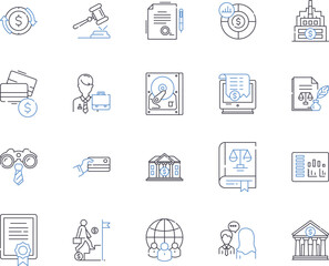Bank legal outline icons collection. Bank, Legal, Contract, Finance, Law, Issues, Rights vector and illustration concept set. Compliance,Agreement,Rule linear signs