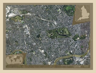 Royal Borough of Kensington and Chelsea, England - Great Britain. High-res satellite. Labelled points of cities