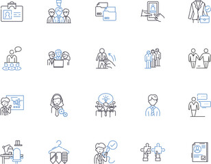 Office outline icons collection. Workplace, Desk, Chair, Computers, Stationery, Printer, Filing vector and illustration concept set. Management, Supplies, Clerical linear signs