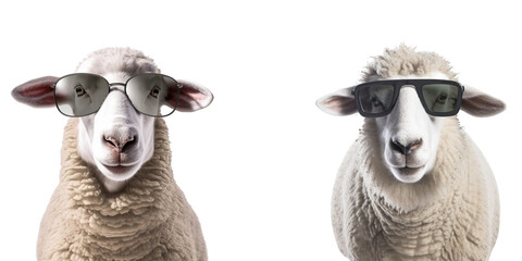 Closeup portrait of funny sheep wearing sunglasses over png background created with Ai