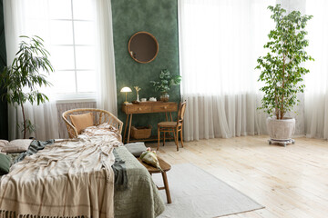 room interior with large windows, mirror and plants. bedroom with large bed