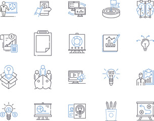Business strategy outline icons collection. Management, Planning, Analysis, Execution, Profit, Policies, Goals vector and illustration concept set. Expansion, Forecasting, Markets linear signs