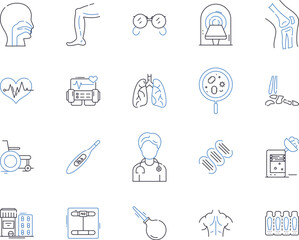 Medical centre outline icons collection. Clinic, Hospital, Health, Medical, Centre, Care, Treatment vector and illustration concept set. Diagnosis, Physician, Surgery linear signs