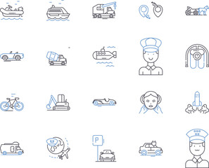 Transport and travel outline icons collection. Logistics, Planes, Boats, Trains, Roads, Ridesharing, Buses vector and illustration concept set. Autos, Taxis, Cabs linear signs