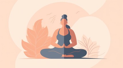 A digital illustration of a woman with a realistic body doing yoga and meditating. Body positivity concept. Generative AI. 