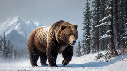 Obraz na płótnie Canvas Digital drawing of a brown bear in winter, generative AI