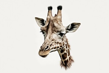 Obraz premium The head of a giraffe is hanging upside down. Goode the giraffe looks down with curiosity. on a white background, alone. Generative AI