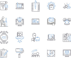 Workshop and conference outline icons collection. workshop, conference, training, development, learning, education, skills vector and illustration concept set. knowledge, networking, collaboration