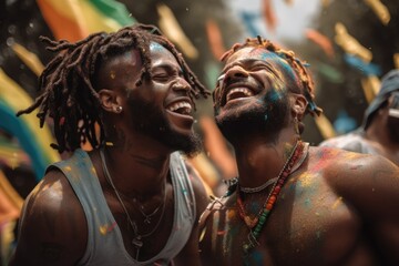 Obraz premium Confetti raining onto a gay couple with gay flag , rainbow flag ,laughing and having fun at a festival Generative AI