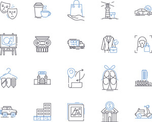 City and shops outline icons collection. City, Shops, Shopping, Marketplace, Outlets, Malls, Storefronts vector and illustration concept set. Boutiques, Retail, Metropolis linear signs