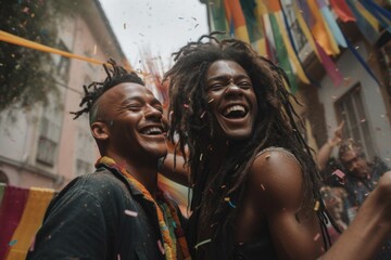 Obraz premium Confetti raining onto a gay couple with gay flag , rainbow flag ,laughing and having fun at a festival Generative AI