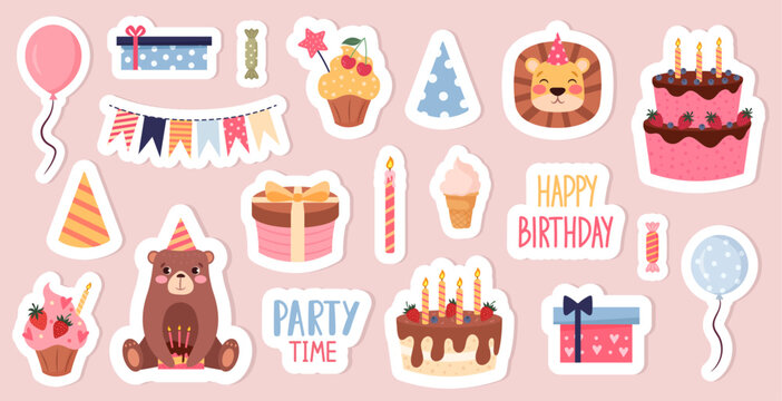 A set of cute stickers with animals and party elements. Vector illustration of a birthday
